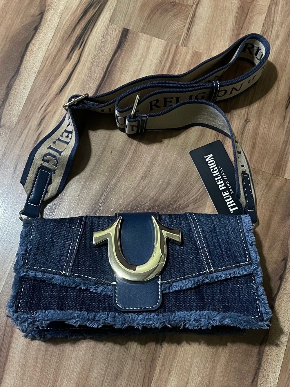 NWT True Religion Frayed Denim Flap Bag Horseshoe Crossbody Logo Strap Y2K Vibe